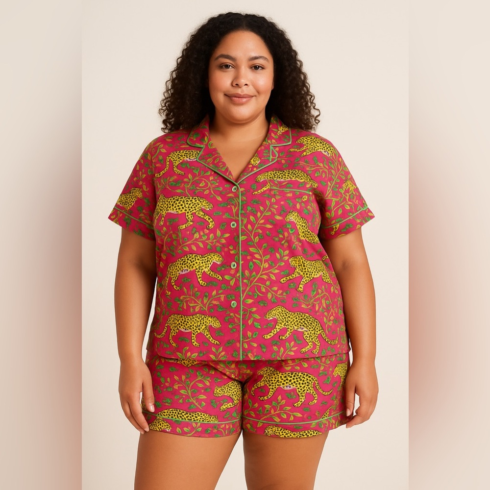 Printfresh Bagheera Leopard Print Pajama Set Pink and Yellow Organic Cotton XL
